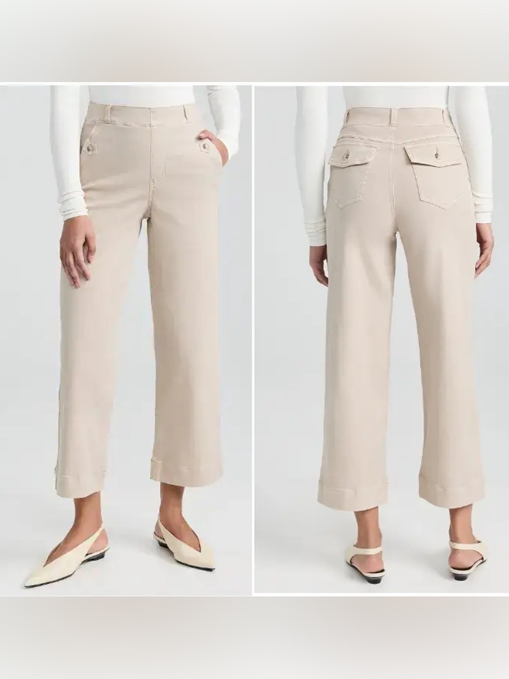 Spanx Cropped Wide Leg Pants Size Medium Bone High Waist Stretch Twill Pockets